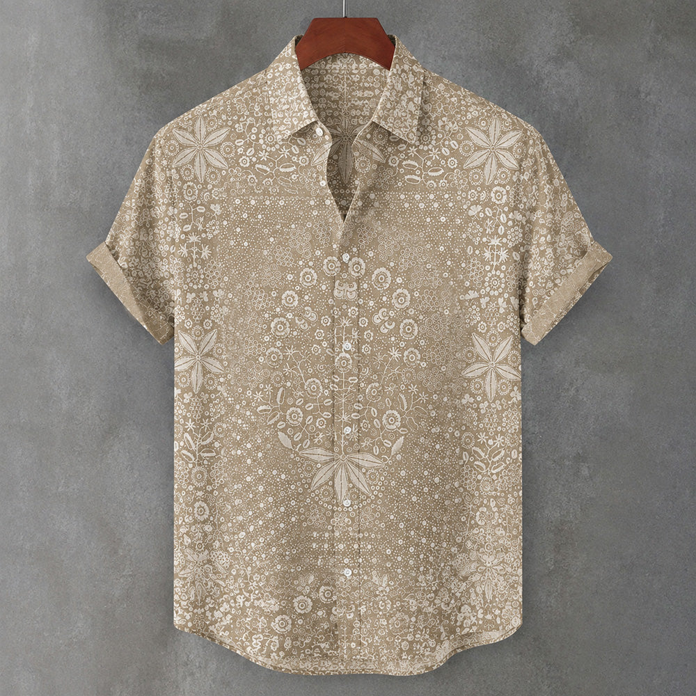 Vintage Japanese Floral Lace Print Linen Short Sleeve Shirt