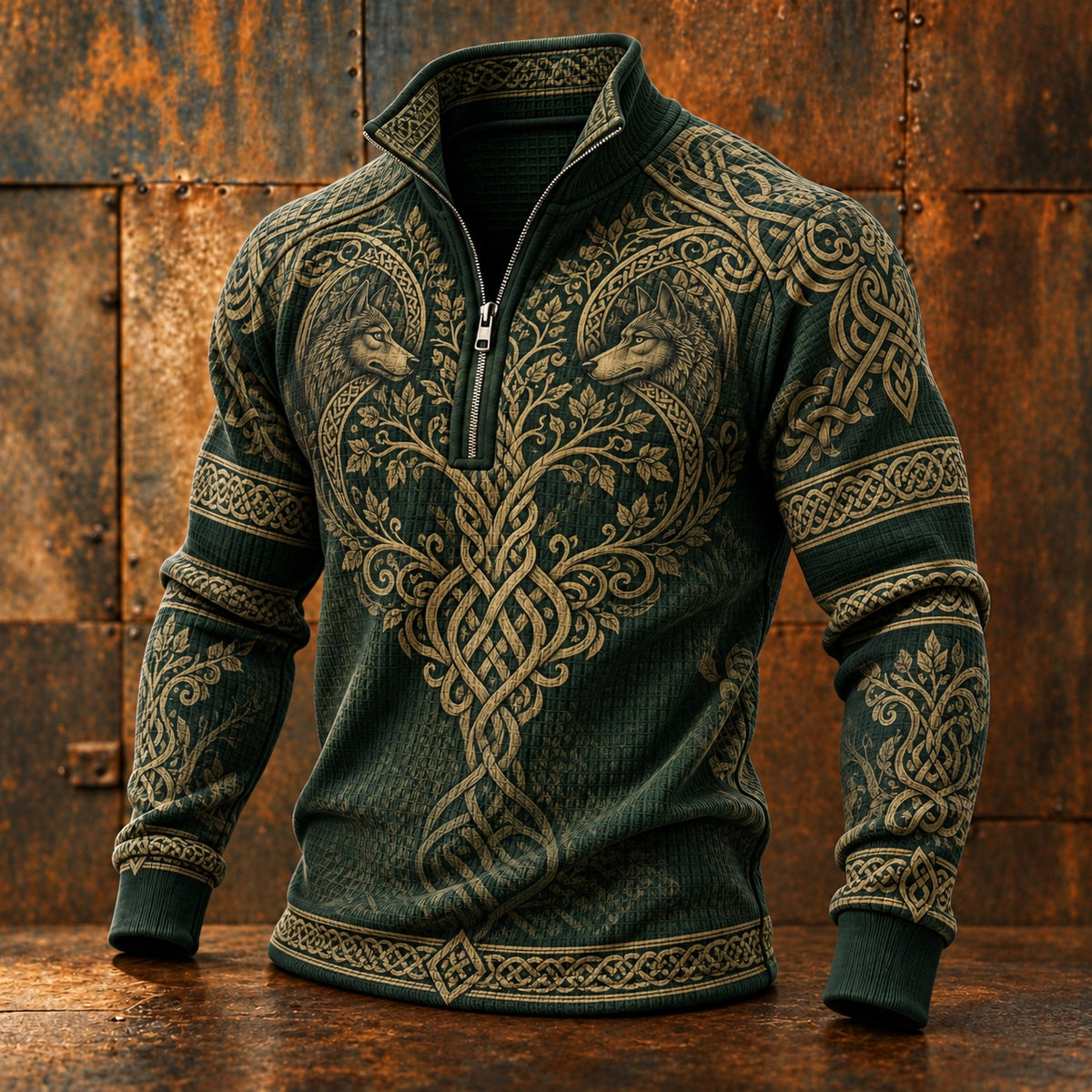 Men's Retro Casual Wolf Tree Of Life Print Zip-up Sweatshirt