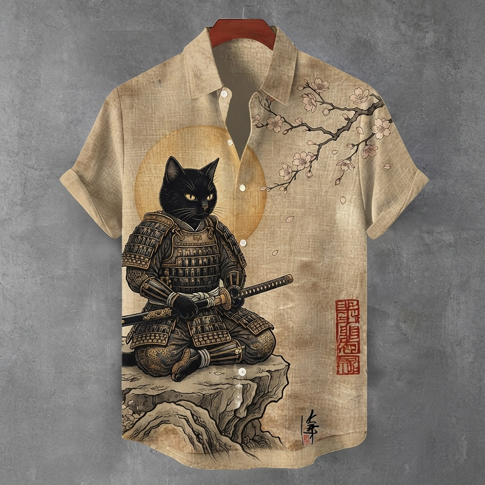 Men's Japanese Samurai Black Cat & Cherry Blossom Print Casual Shirt