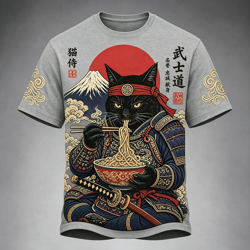 Men's Black Cat Samurai Eats Ramen Print Casual T-shirt