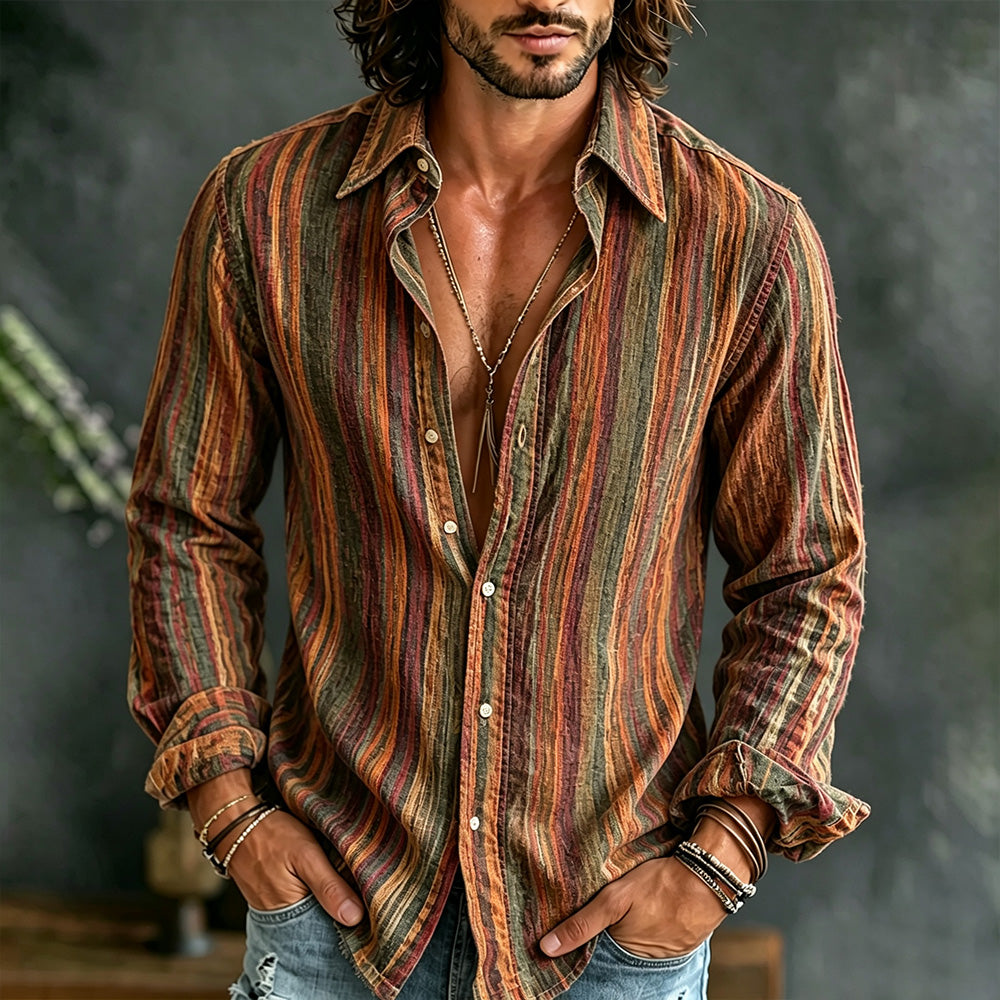 Men's Vintage Colorful Striped Art Print Casual Long Sleeve Shirt