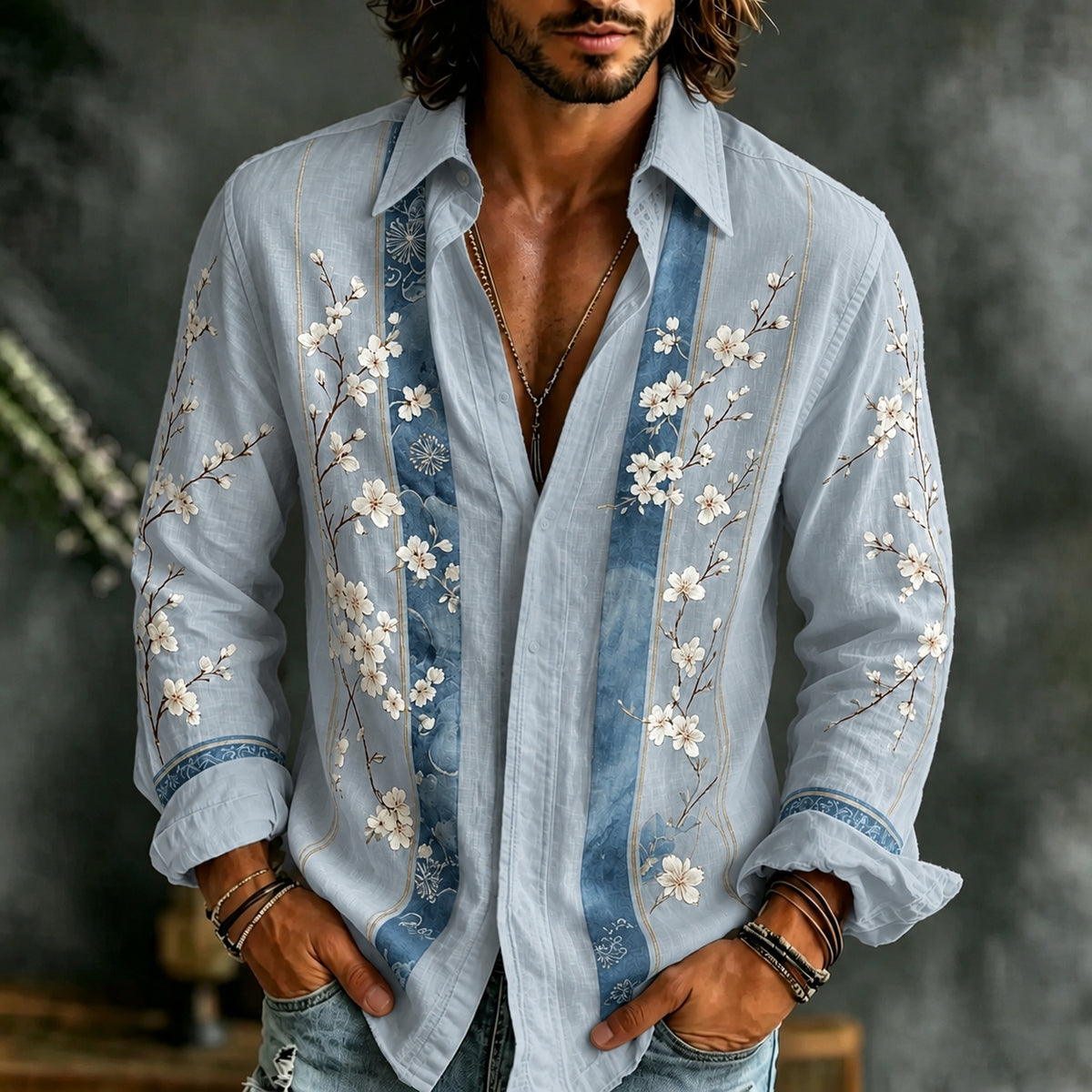 Men's Retro Bohemian Striped Color-blocked Japanese Cherry Blossom Embroidered Print Shirt