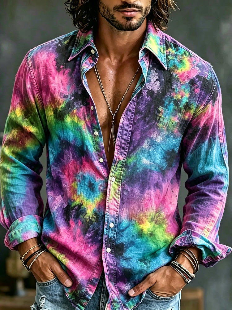 Men's Retro Hippie Tie-dye Art Print Linen Blend Long-sleeve Shirt