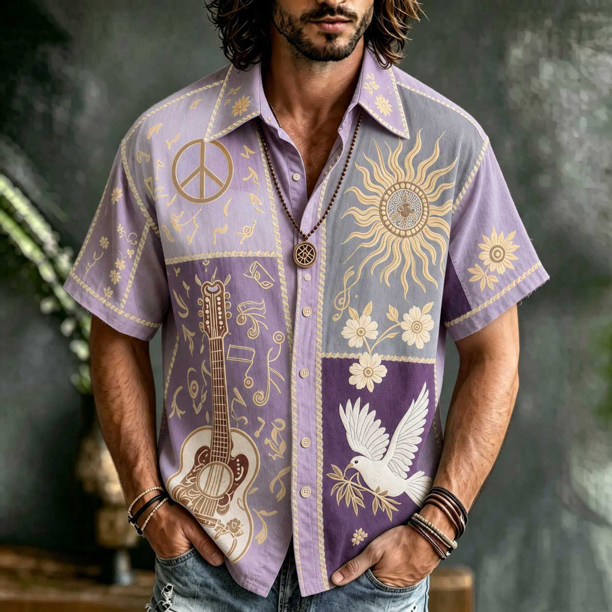Men's Patchwork Denim Linen Short Sleeve Button Up Shirt, 3d Embroidery Guitar Peace Sign Sun Dove Floral Hippie Boho Vacation Shirt