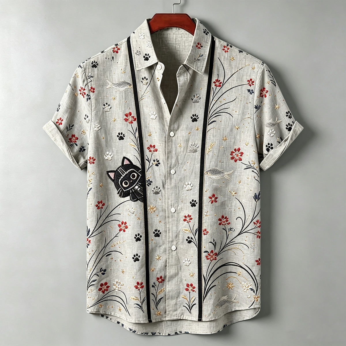 Men's Bohemian Floral Black Cat Embroidery Linen Shirt