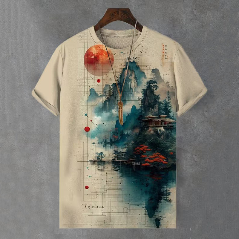 Men's Japanese Landscape Art Print Casual T-shirt