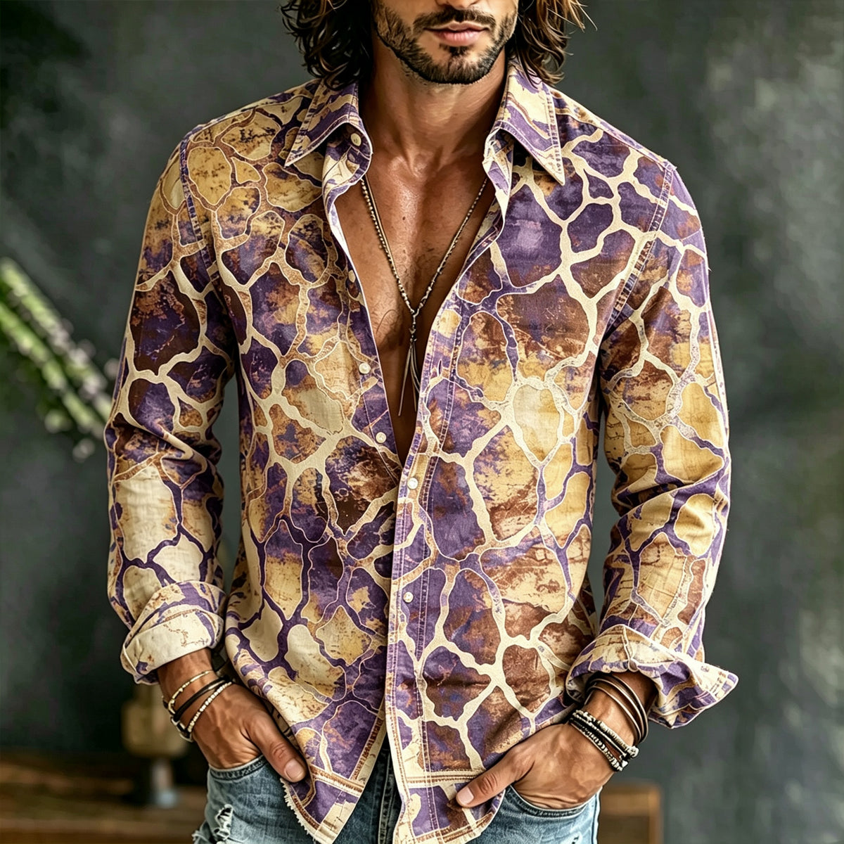 Men's Vintage Geometric Art Gradient Linen Long-sleeved Top