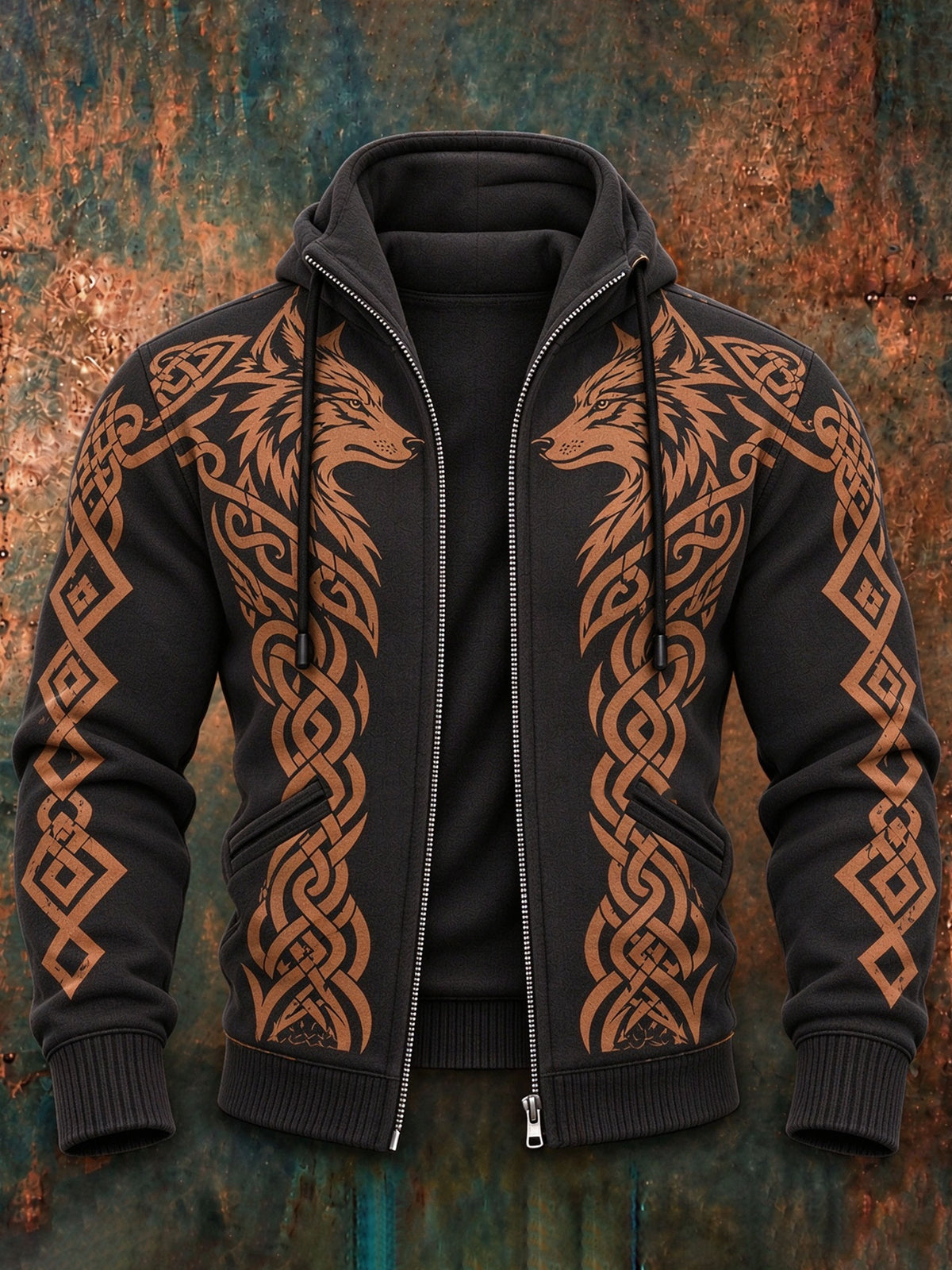 Men's Vintage Viking Wolf And Celtic Knot Print Zip-up Hoodie