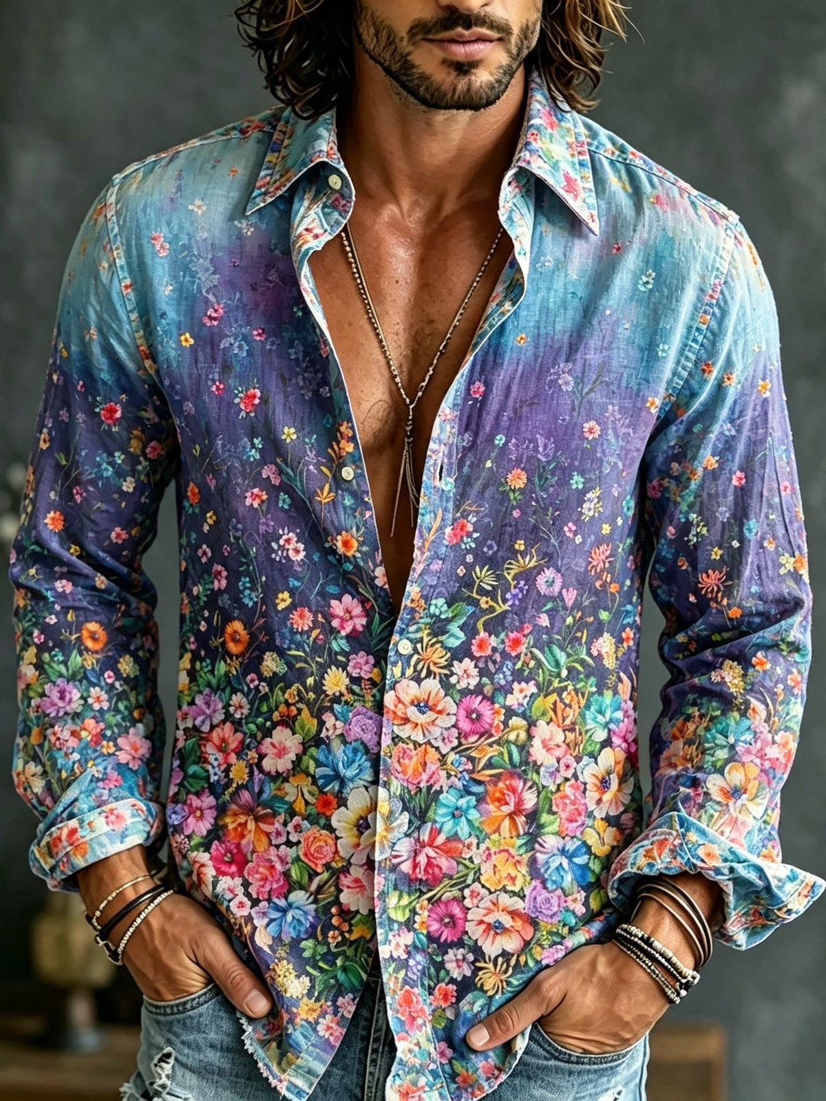 Men's Retro Bohemian Floral Print Linen Shirt.