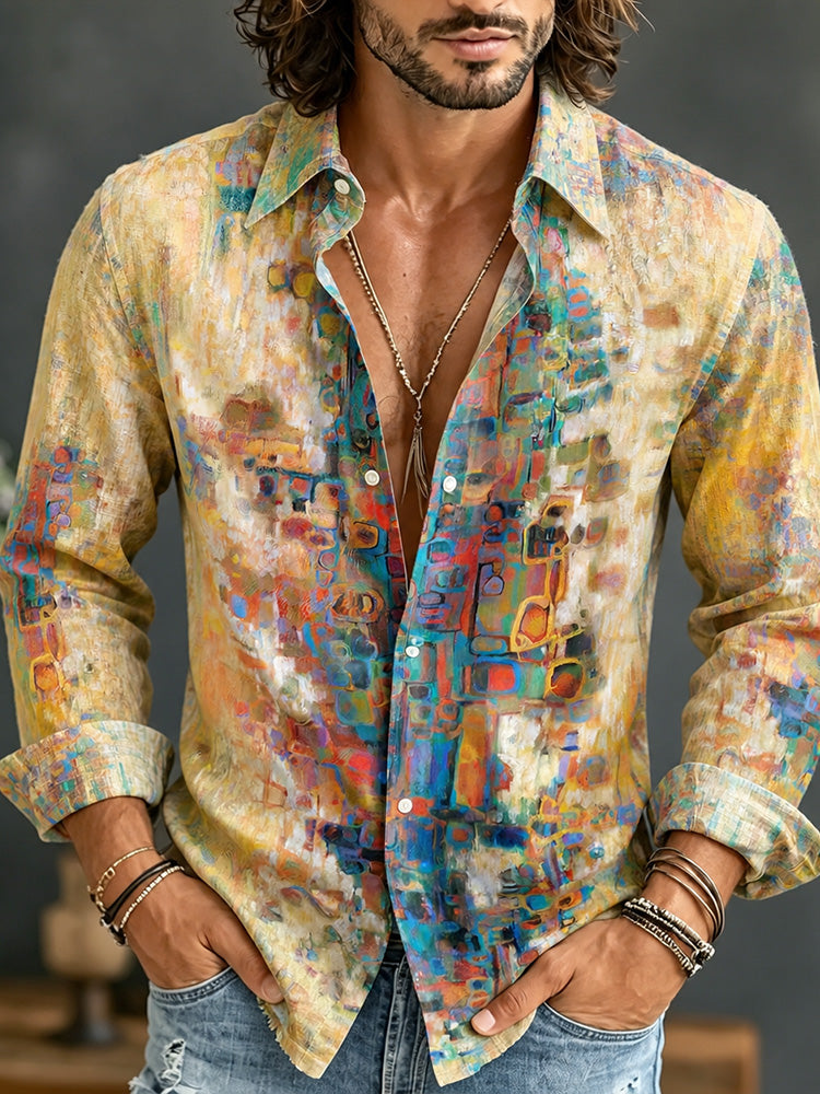 Men's Vintage Geometric Oil Painting Art Print Casual Long Sleeve Shirt