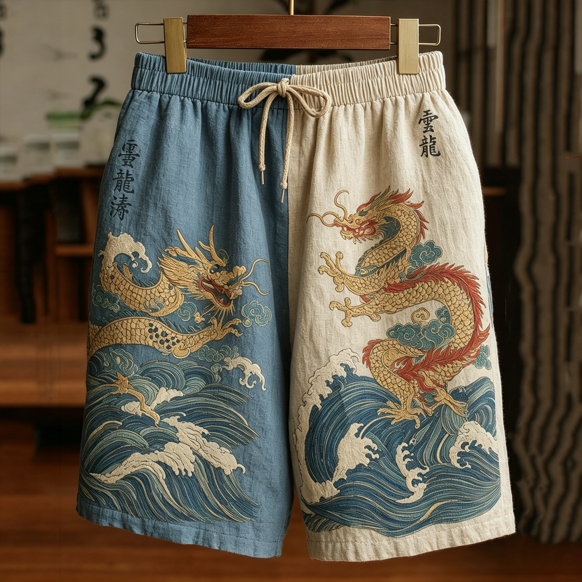 Men's Japanese Dragon Art Contrast Linen Short Pants