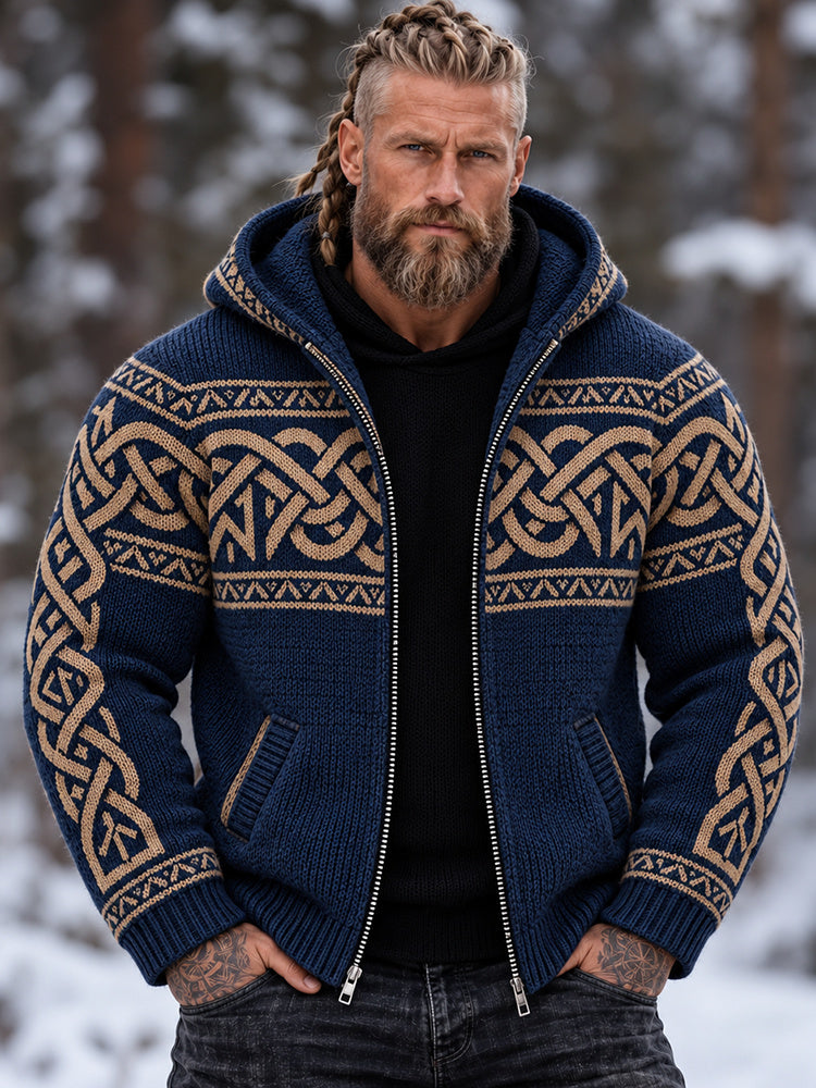 Men's Vintage Viking Celtic Knot Pattern Cozy Warm Zipper Hooded Sweater