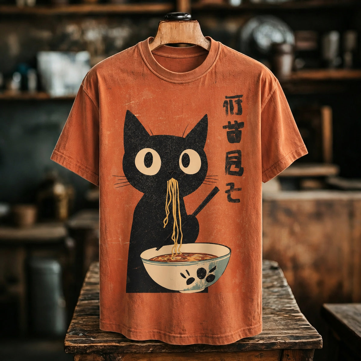Men's Japanese Black Cat Eating Ramen Print Crew Neck T-shirt