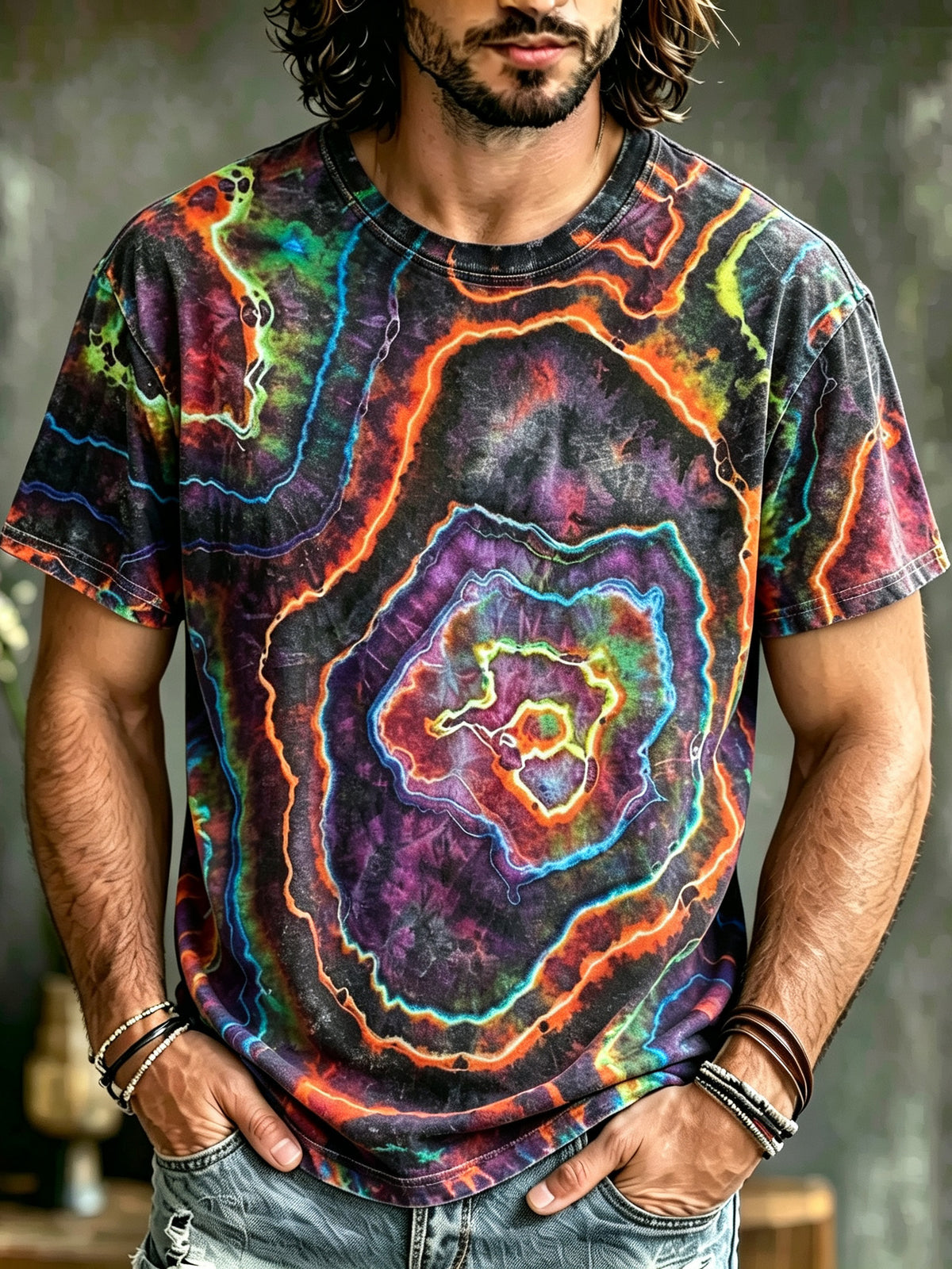 Men's Retro Hippie Tie-dye Art Print Crew Neck Short Sleeve T-shirt