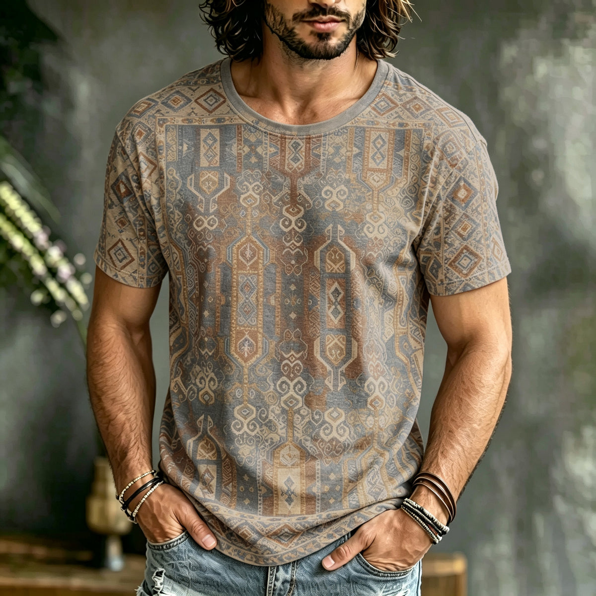 Men's Retro Ethnic Style Art Pattern Print Crew Neck T-shirt