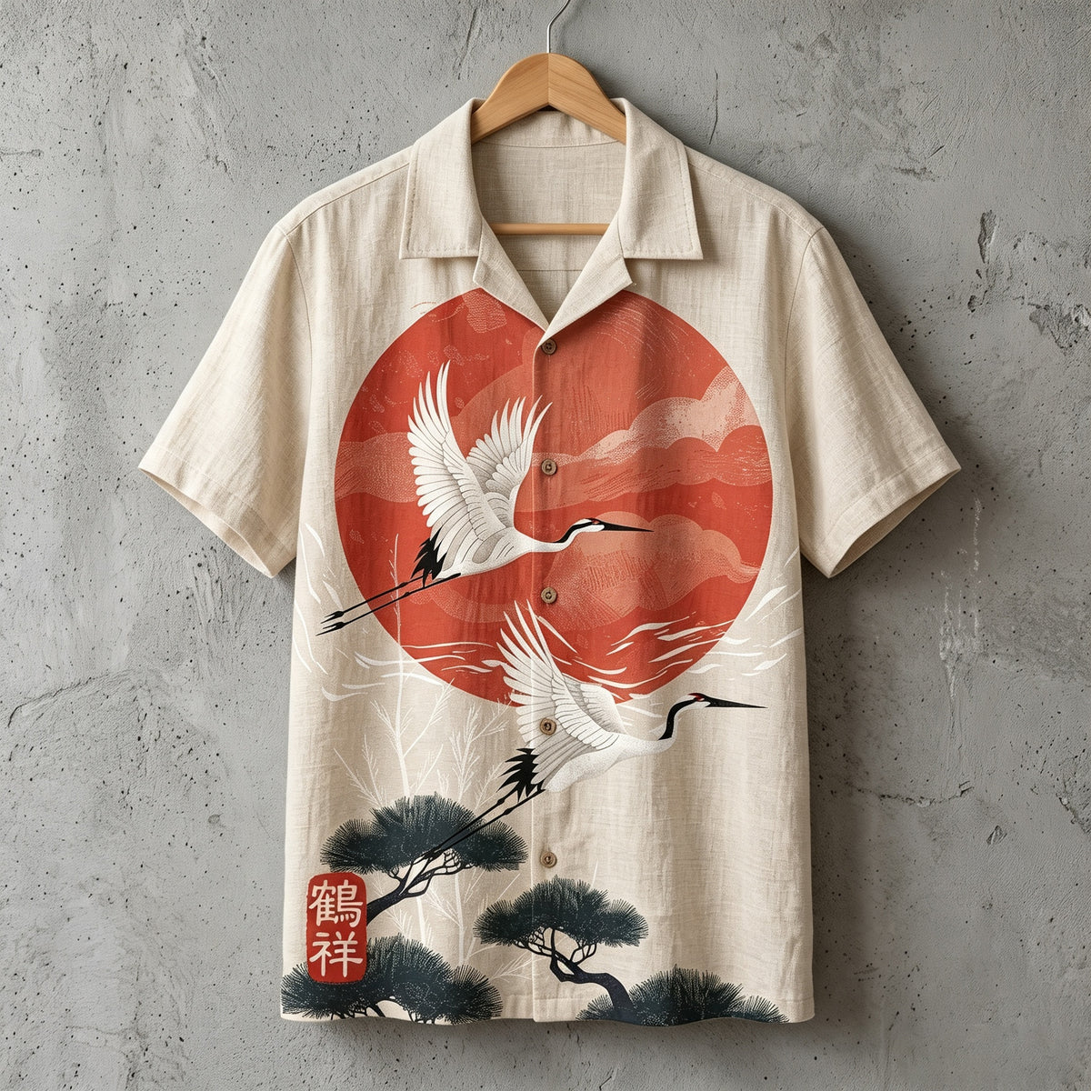 Men's Vintage Japanese Crane Art Print Short Sleeve Shirt