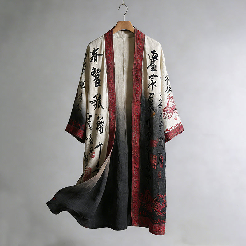 Men's Retro Calligraphy And Painting Art Linen Long Kimono