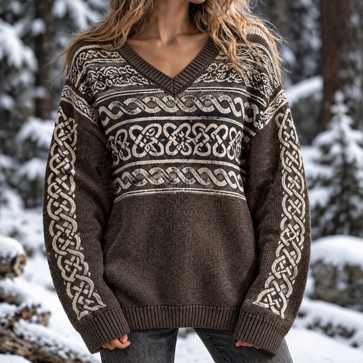 Women's Vintage Celtic Knot Print V-neck Sweater