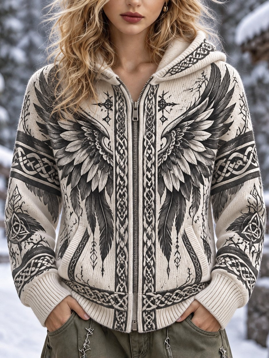 Women's Gothic Feather Wings & Celtic Knot Print Relaxed Fit Full Zip Hooded Knit Cardigan