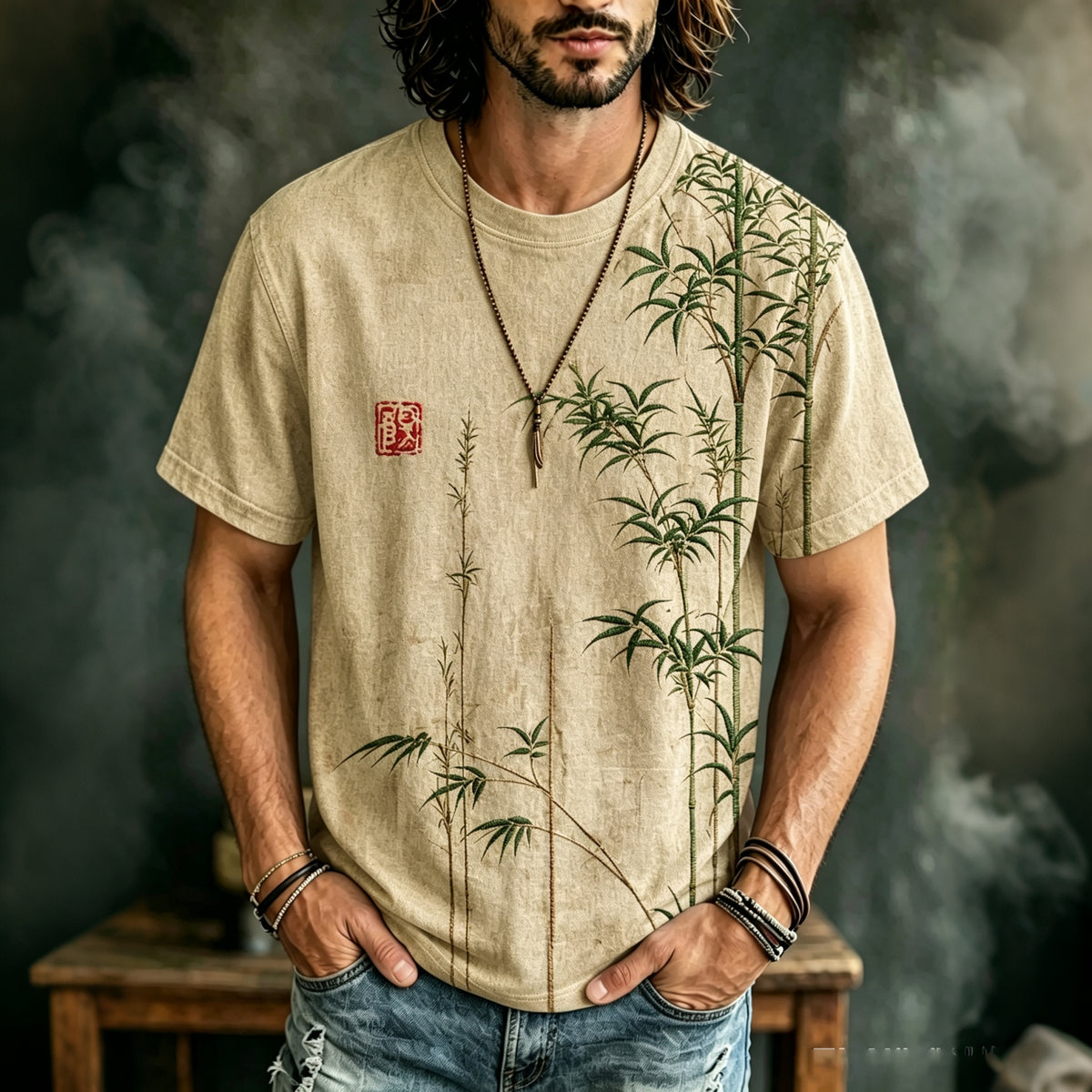 Men's Bamboo Japanese Art Print Casual T Shirt