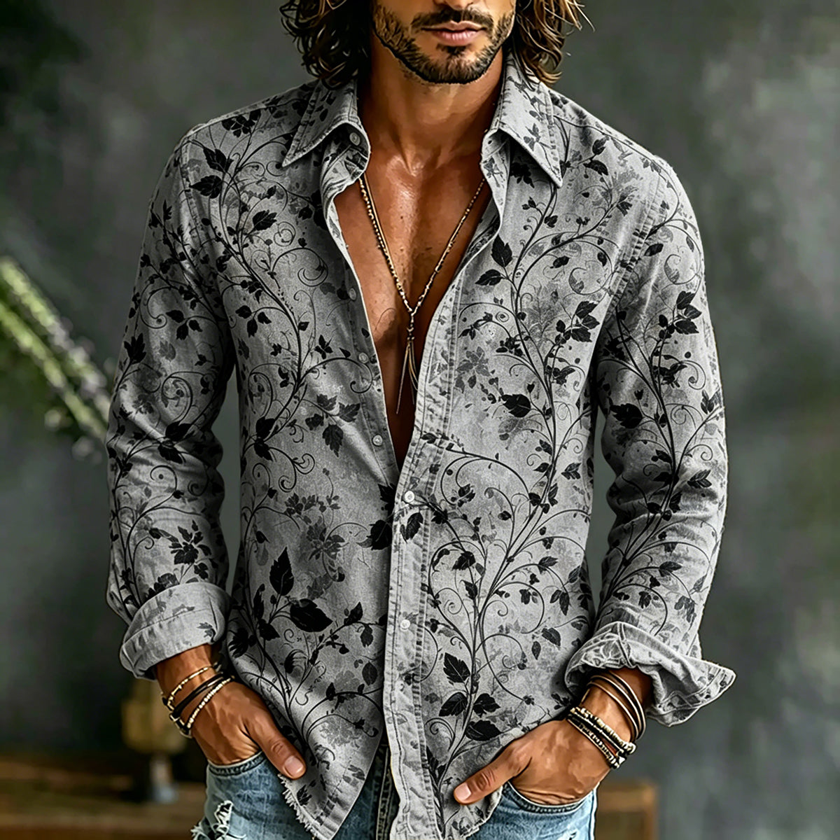 Men's Retro Floral Art Print Linen Casual Shirt