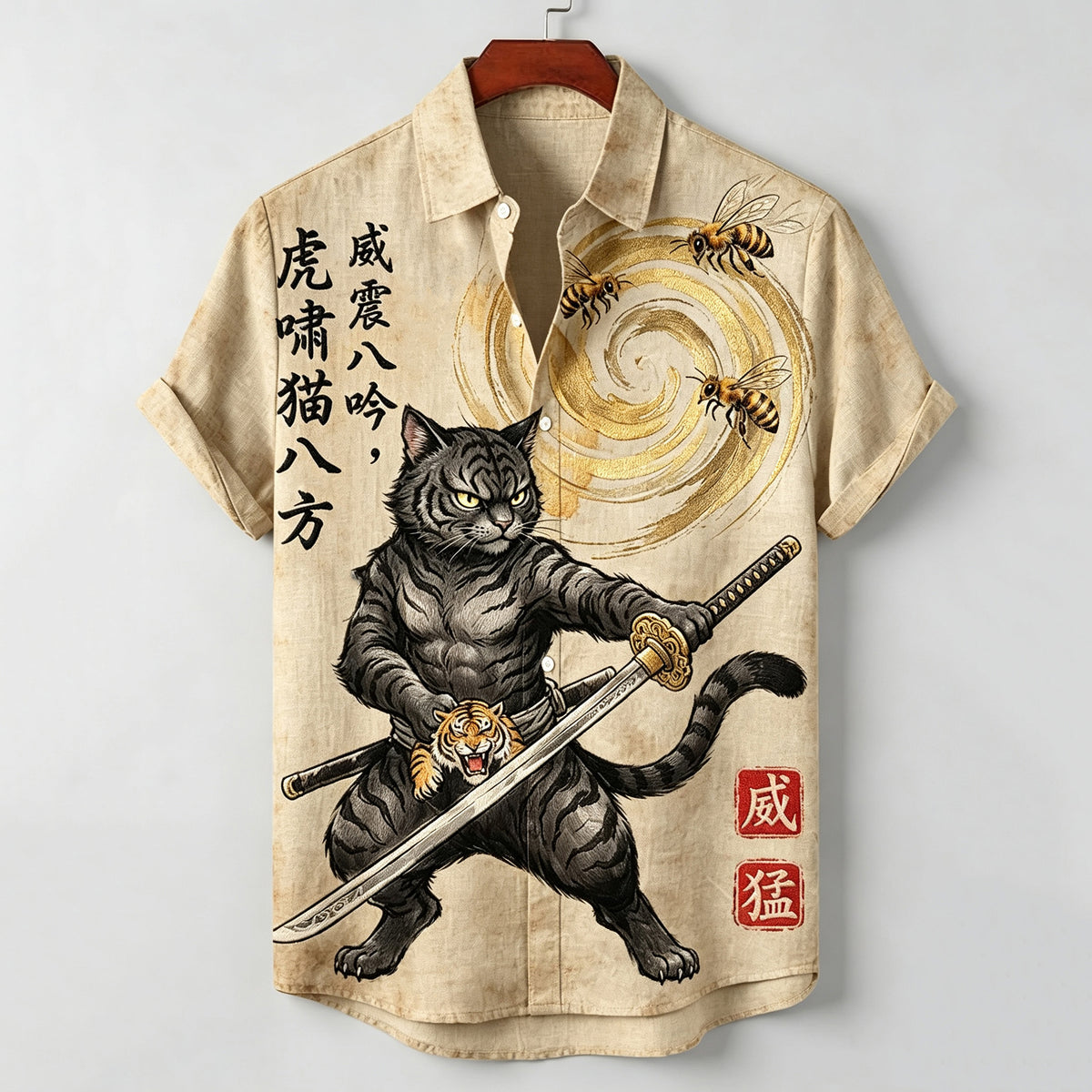 Men's Japanese Warrior Tiger Cat Art Pattern Casual Linen Shirt