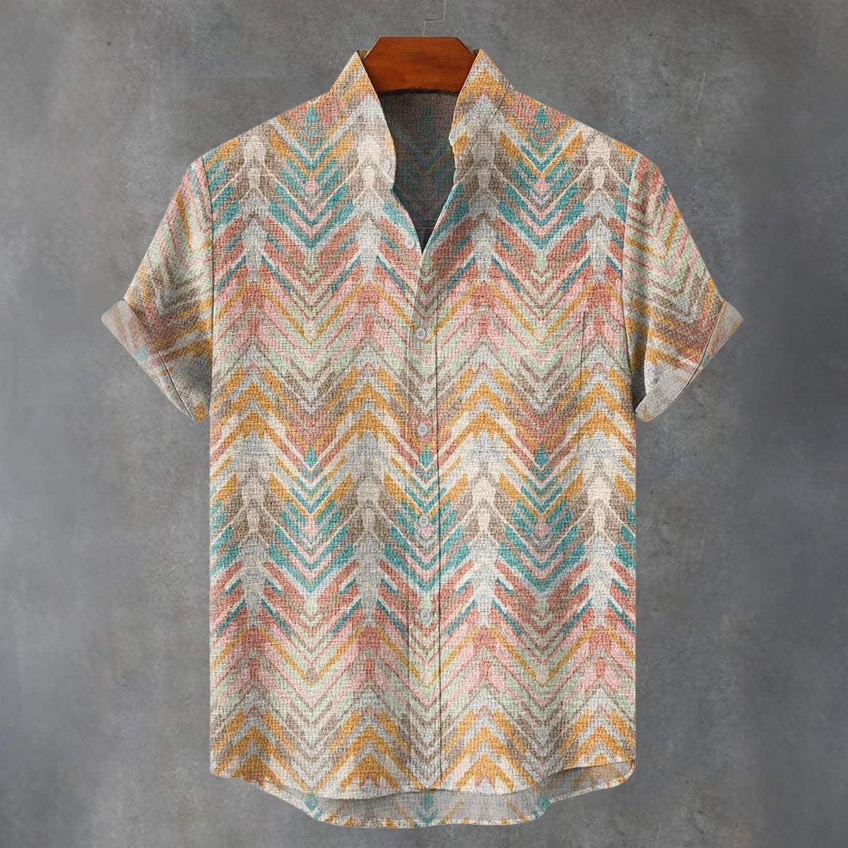 Men's Retro Hippie Rainbow Abstract Geometric Wave Stripes Print Casual And Linen Shirt