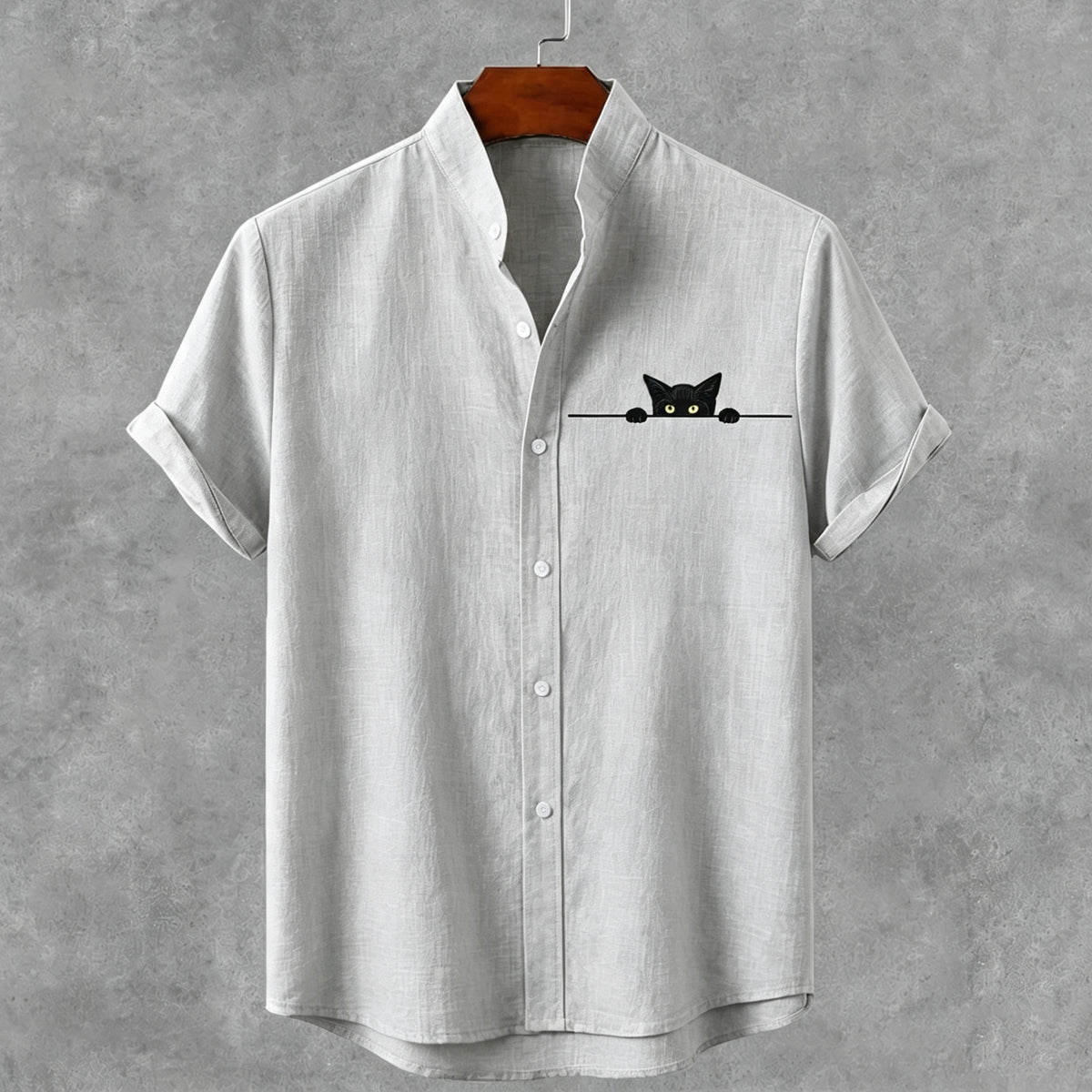 Vintage Black Cat Art Print Casual Linen Shirt