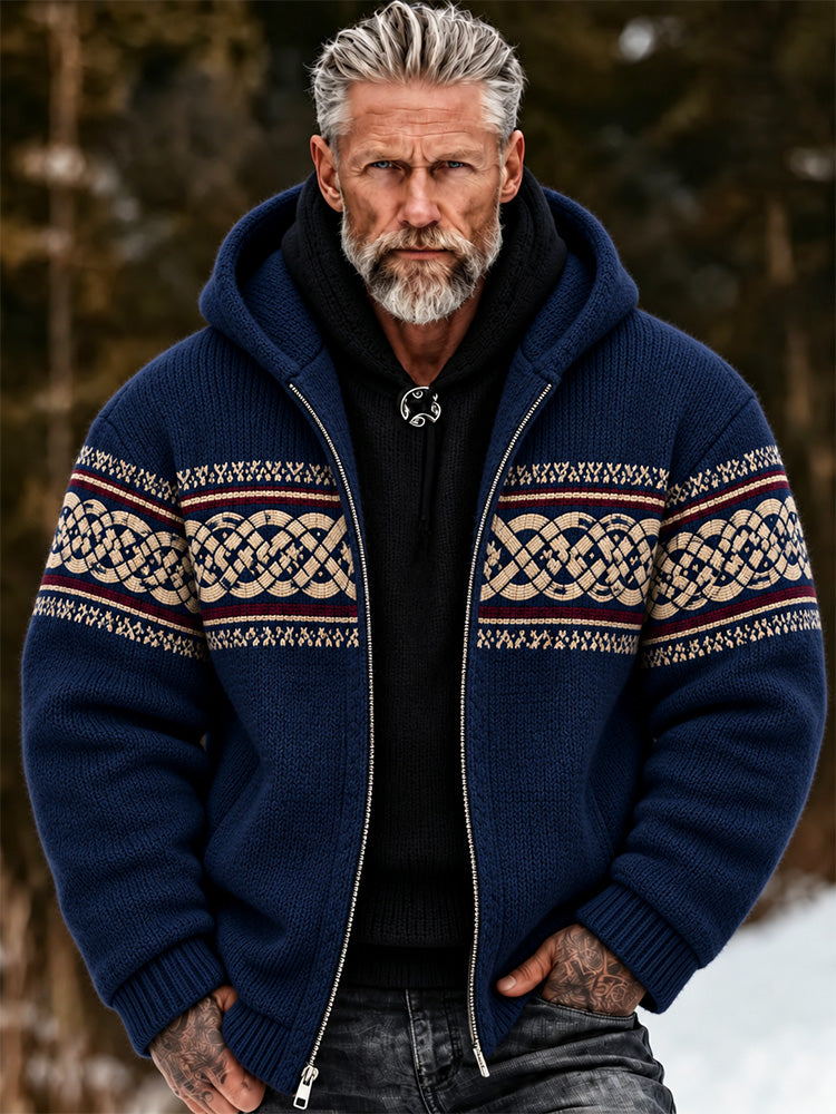 Men's Vintage Norse Navy Celtic Knot Nordic Pattern Zip Up Hooded Sweater Coat