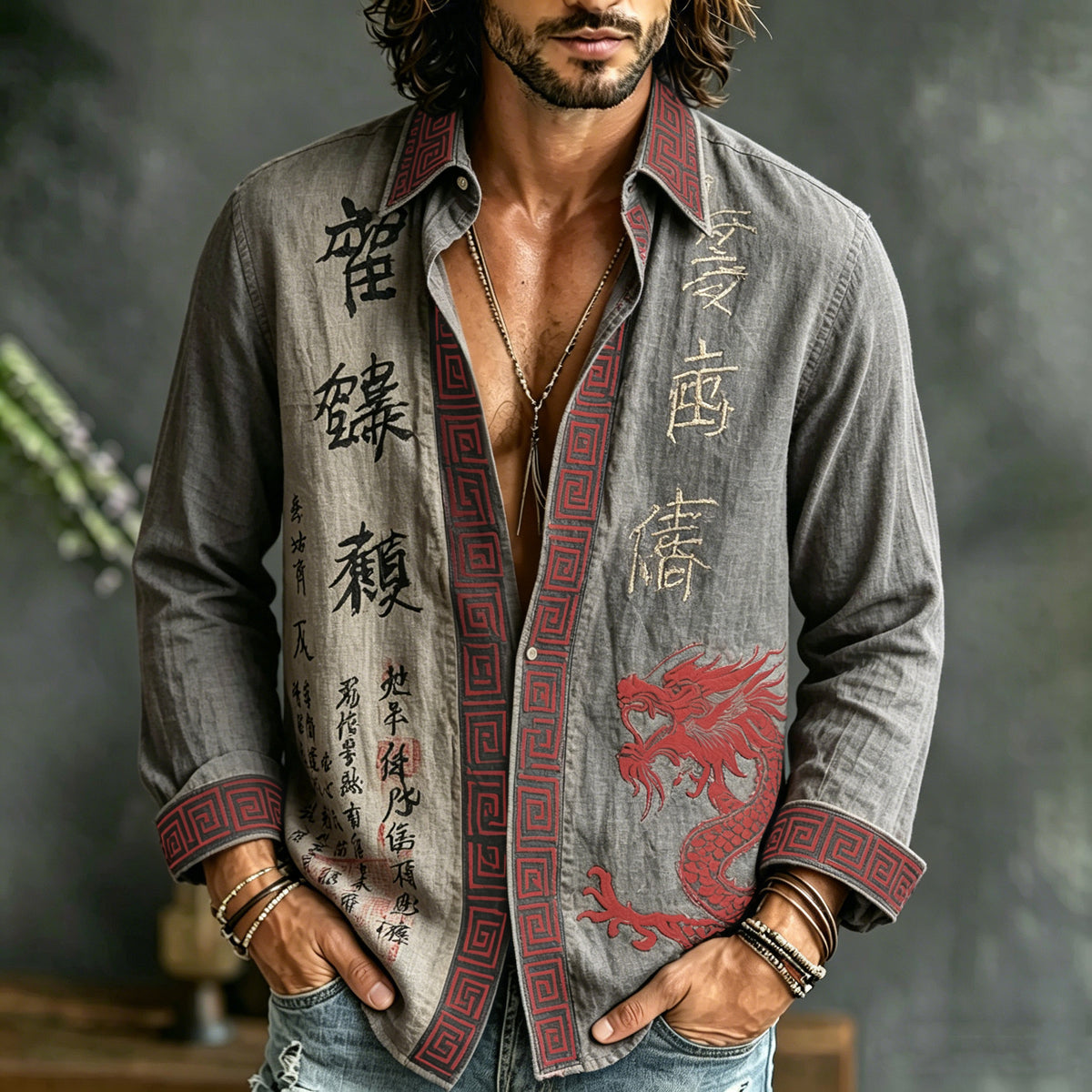 Men's Retro Japanese Calligraphy And Dragon Art Pattern Casual Linen Blend Shirt