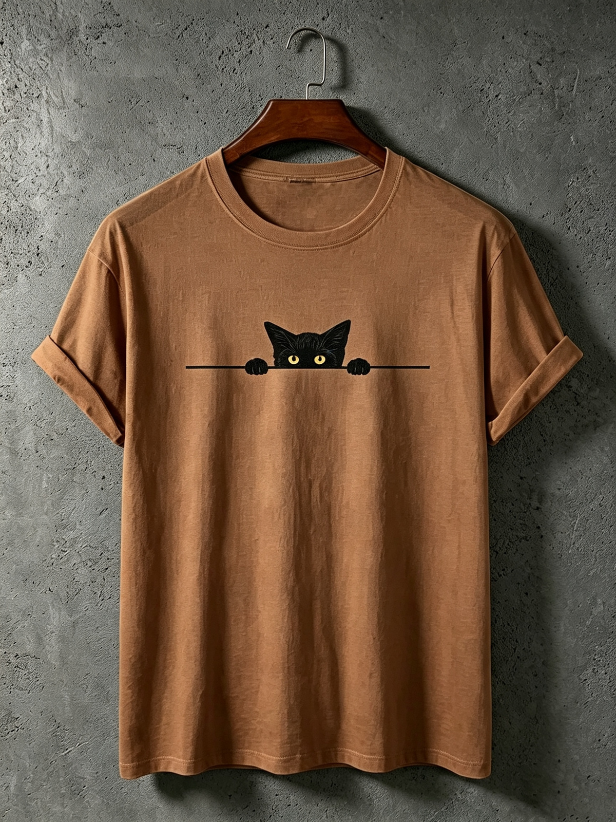 Men's Black Cat Art Print Crew Neck Short Sleeve T-shirt