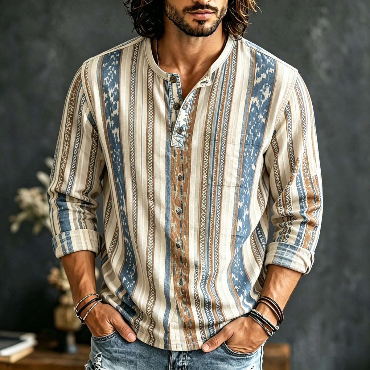 Men's Ethnic Retro Striped Print Long-sleeved Linen Top