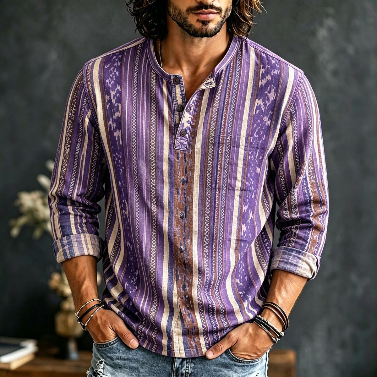 Men's Ethnic Retro Striped Print Long-sleeved Linen Top