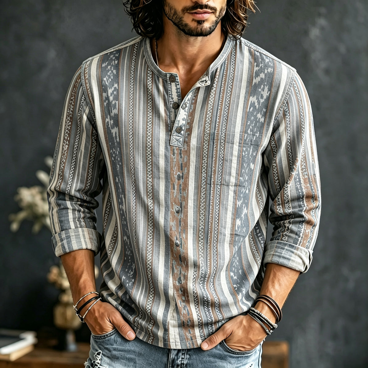 Men's Ethnic Retro Striped Print Long-sleeved Linen Top