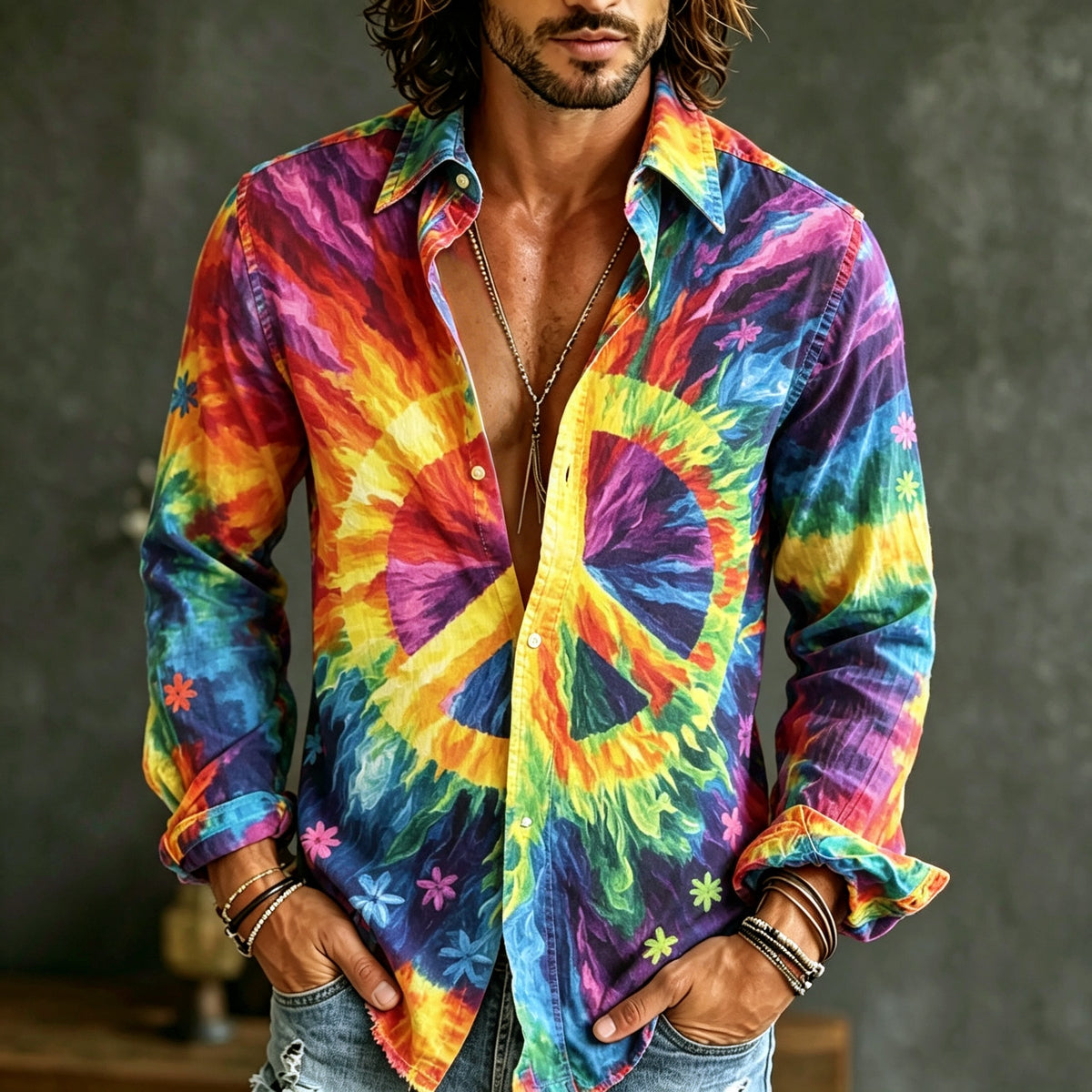 Men's Retro Hippie Style Floral Print Linen Shirt