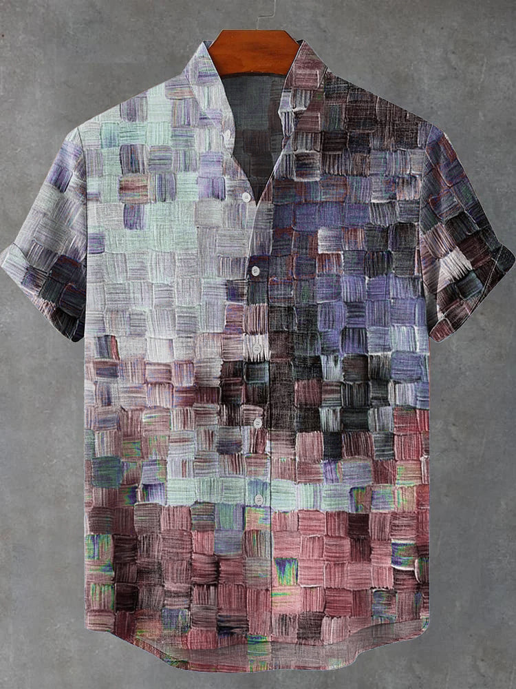 Oil Painting Style Lattice Vintage Art Print Casual Linen Shirt