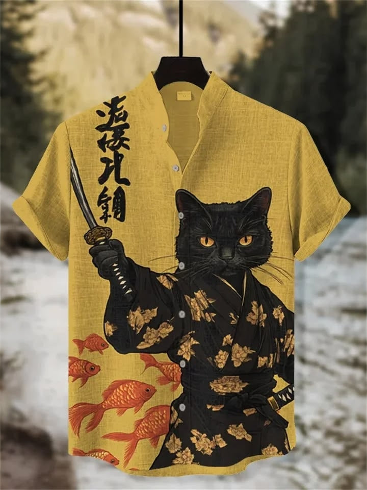Vintage Japanese Cat Art Print Casual Linen Shirt