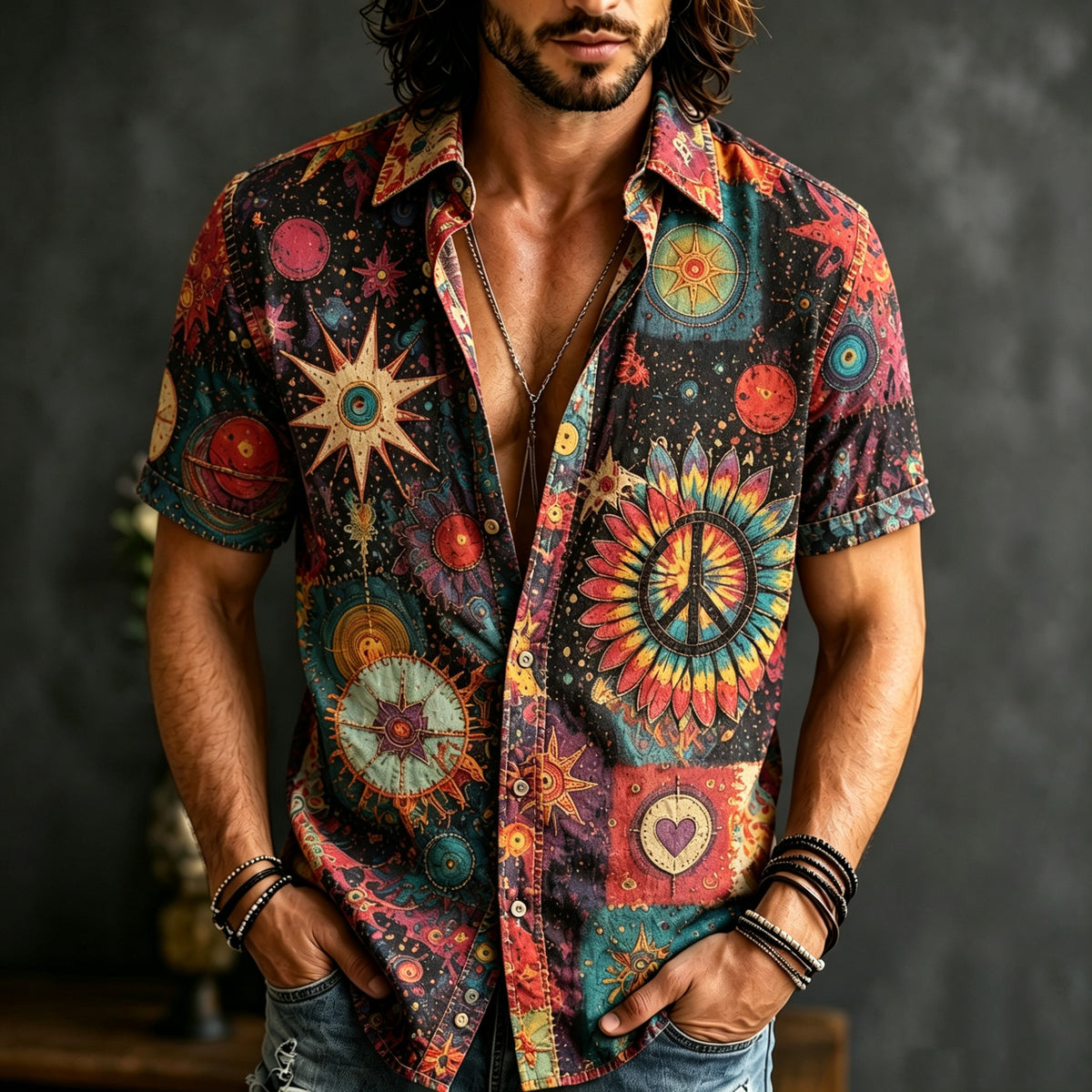 Men's Retro Bohemian Hippie Style Floral Print Linen Short-sleeve Shirt