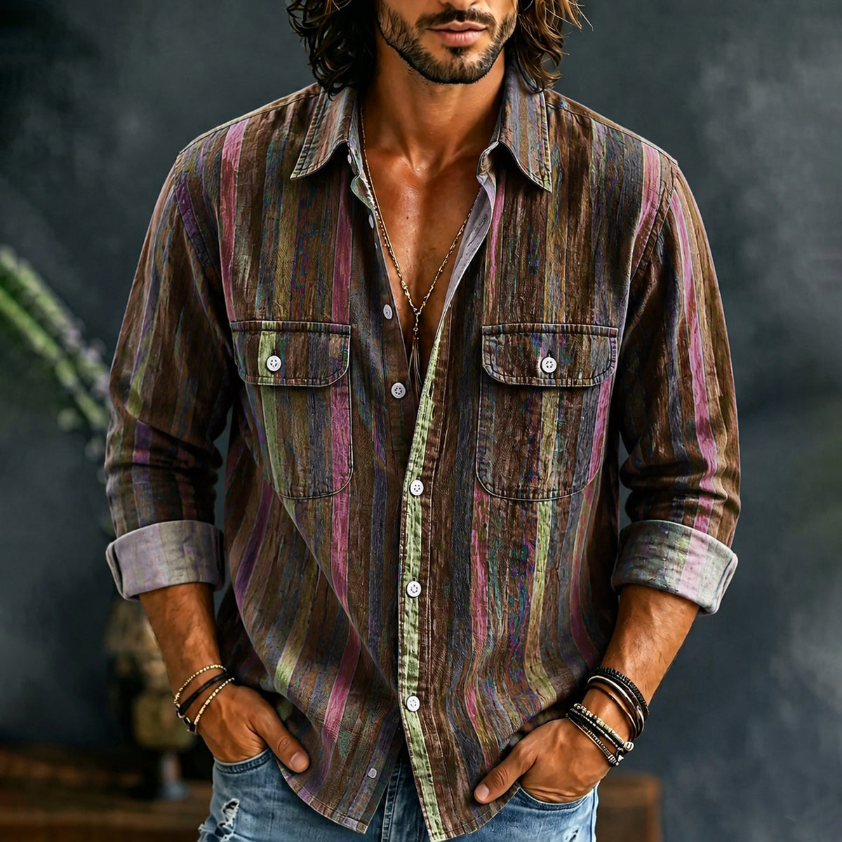 Men's Retro Colorful Stripe Print Pocket Shirt