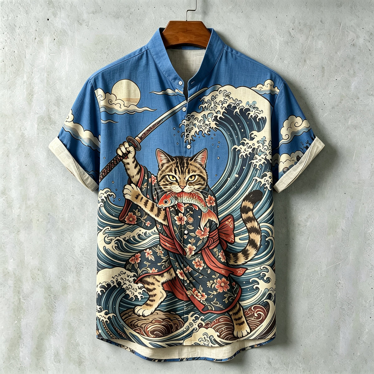 Men's Samurai Wave Print Short-sleeve Linen Shirt