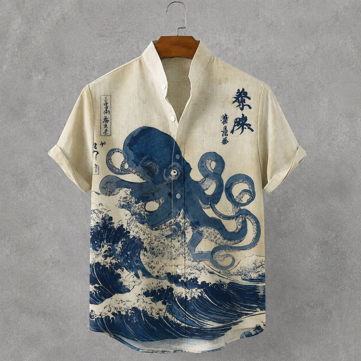 Men's Vintage Japanese Octopus Ocean Art Print Button Casual Linen Shirt