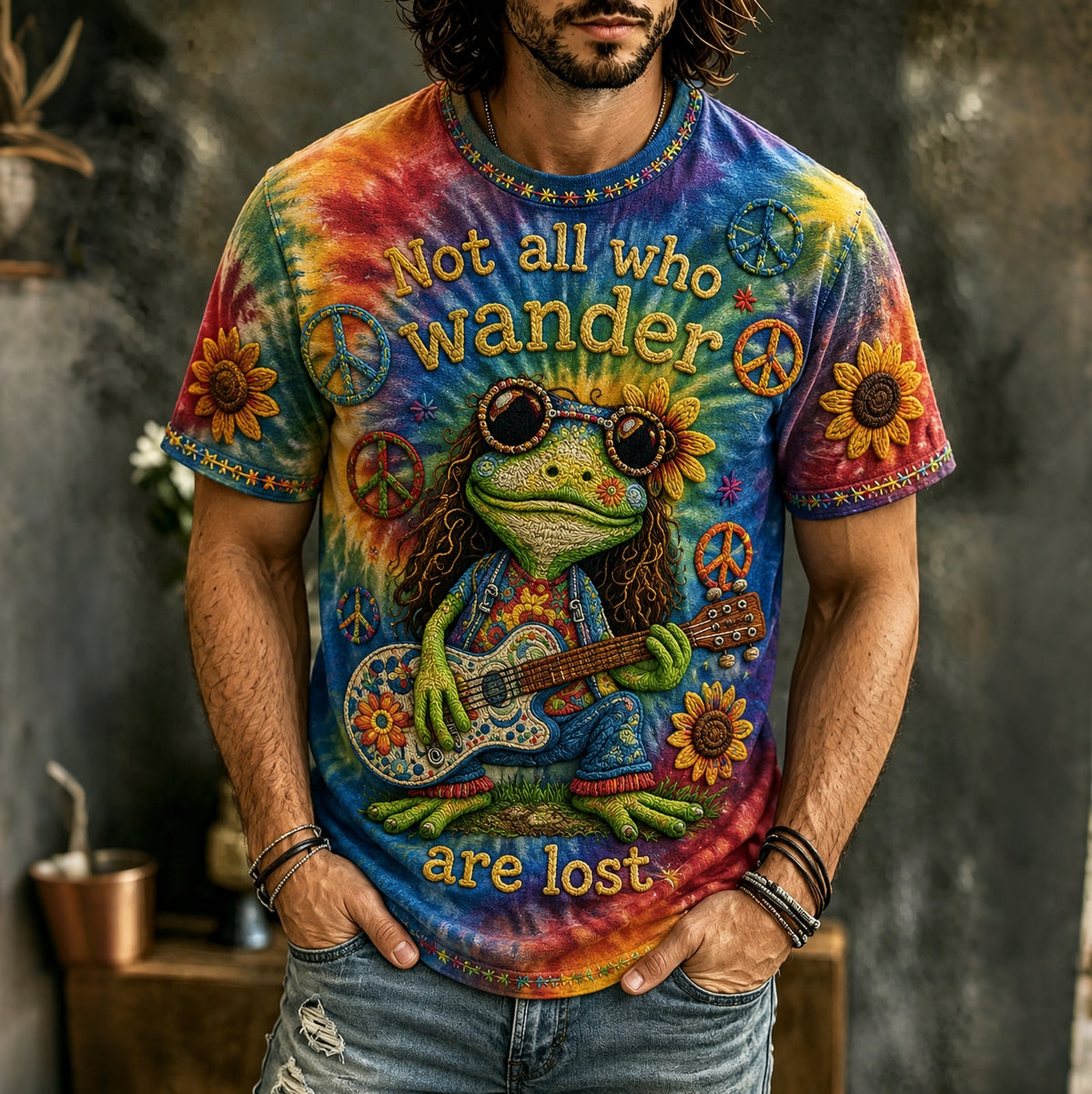 Men's Vintage Hippie Frog Pattern Art Printed T-shirt