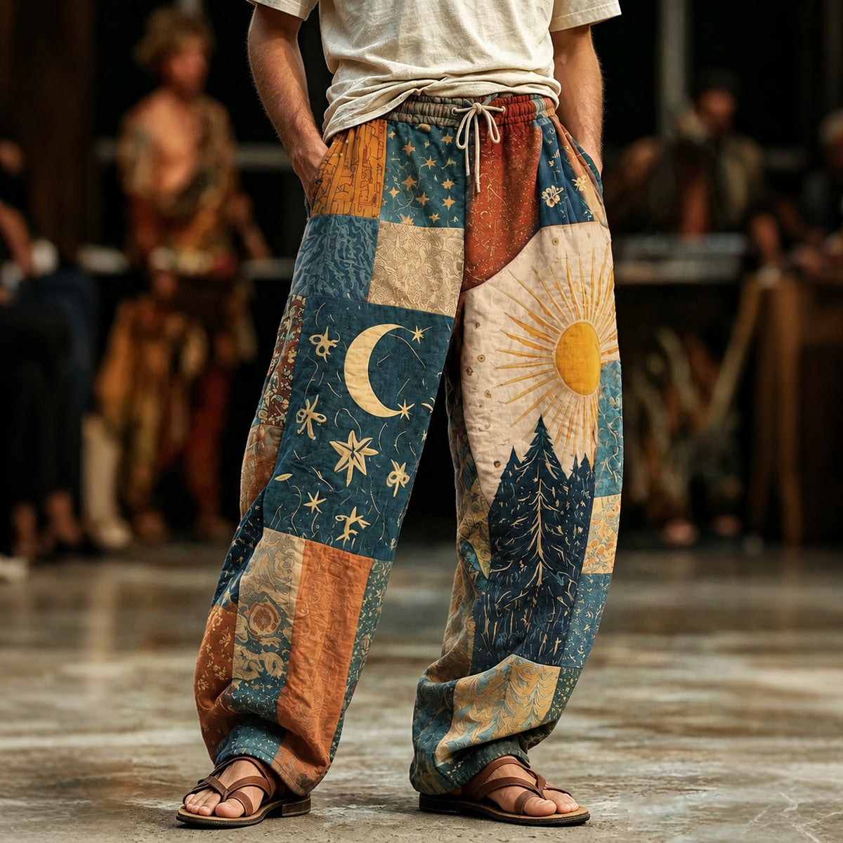 Men's Boho Sun And Moon Hippie Patchwork Art Print Loose Drawstring Waist Pants