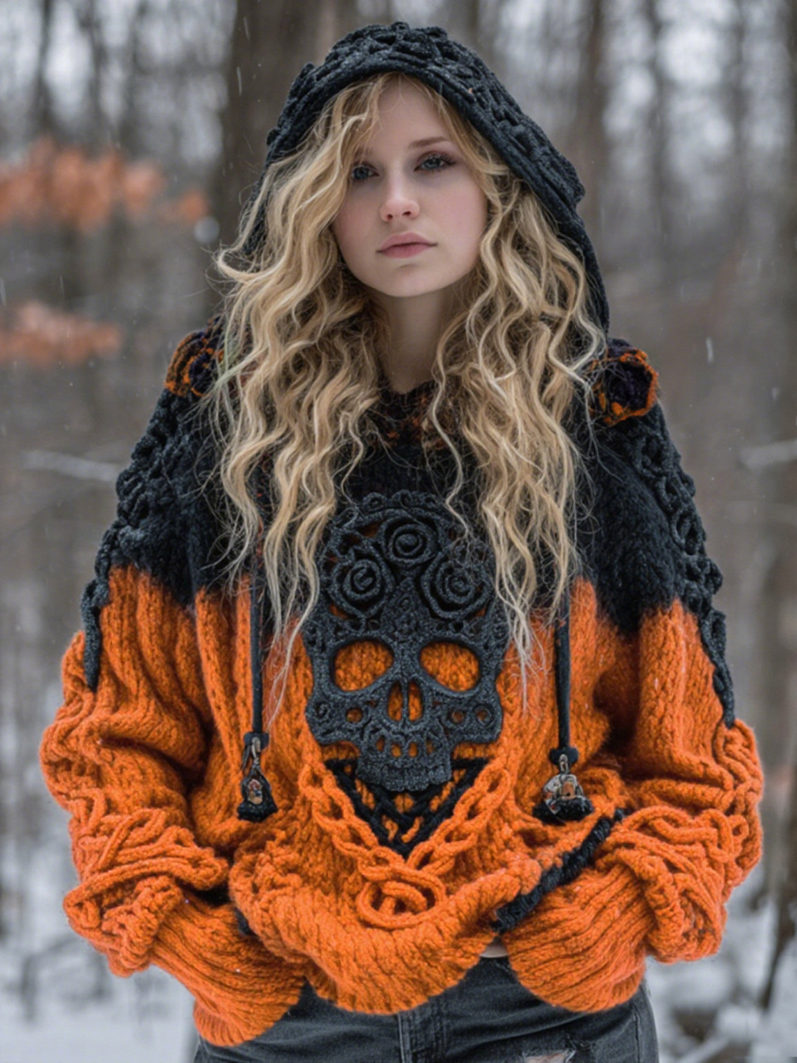 Women's Vintage Viking Tribal Celtic Skull Gradient Art Chunky Knit Hooded Sweater