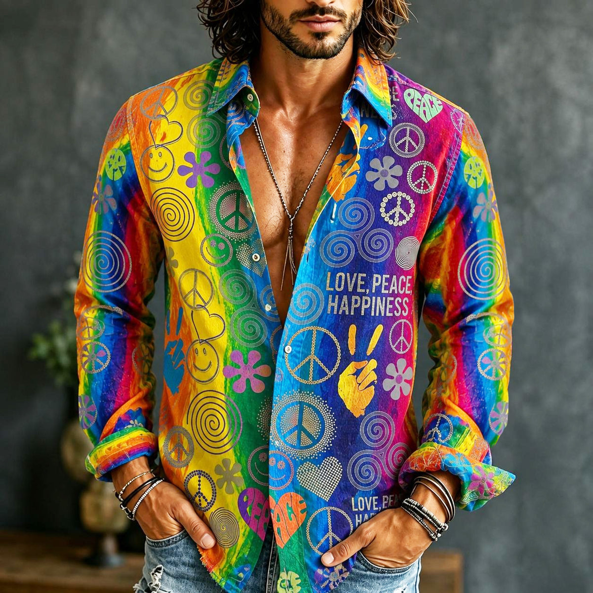 Men's Retro Hippie Style Peace Sign Print Shirt