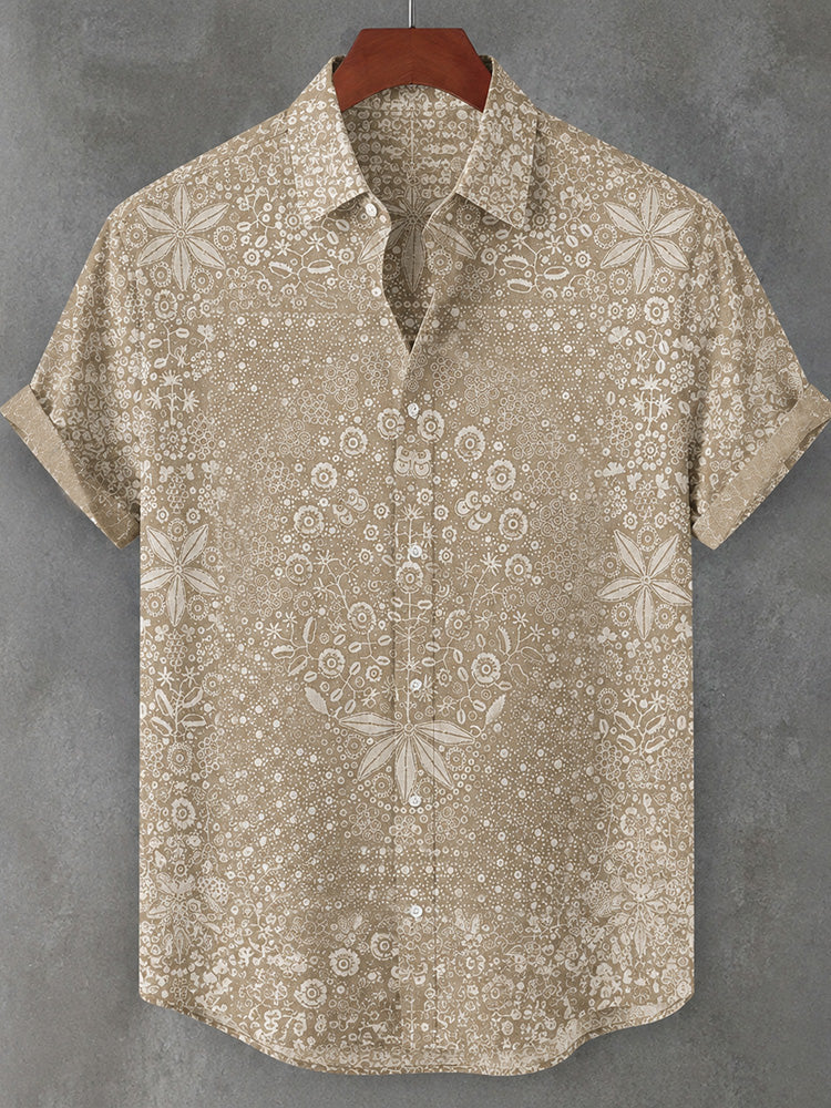 Vintage Japanese Floral Lace Print Linen Short Sleeve Shirt