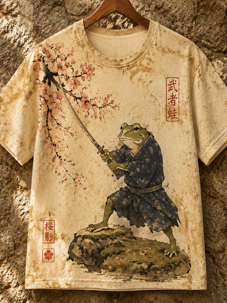 Men's Samurai Frog T-shirt - Japanese Warrior Animal Graphic Short Sleeve Tee