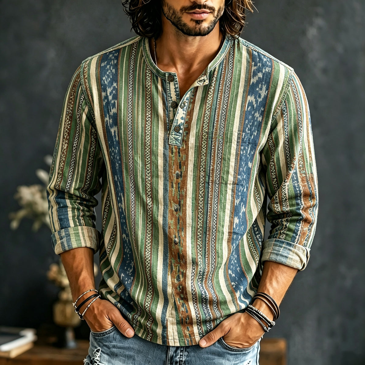 Men's Ethnic Retro Striped Print Long-sleeved Linen Top