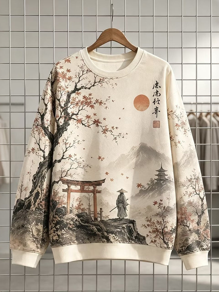 Men's Japanese Ukiyo-e Maple Leaf Samurai Torii Gate Mountain Art Print Casual Sweatshirt