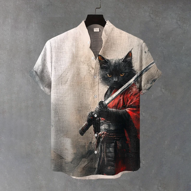 Men's Black Cat Samurai Ink Art Linen Blend Cozy Shirt